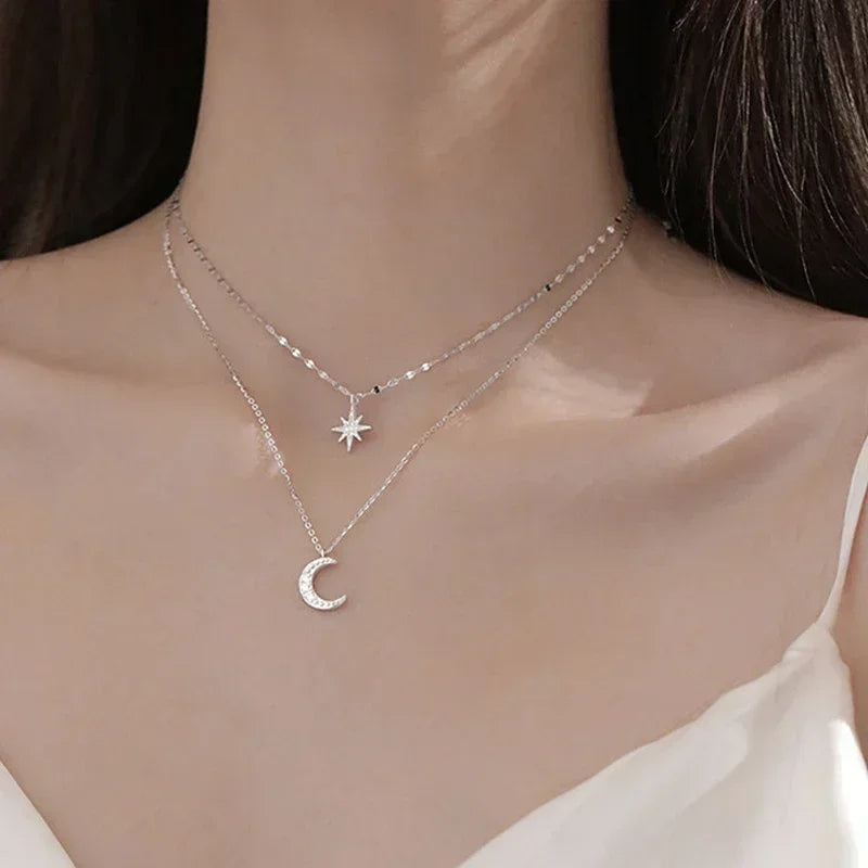 Silver Double Layer Star Moon Necklace Zircon Choker for Women