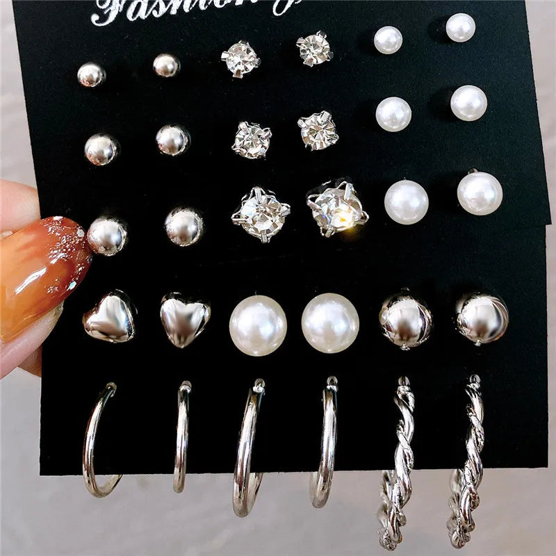 Bohemian Pearl Earrings Set 12 Pairs Geometric Women Jewelry