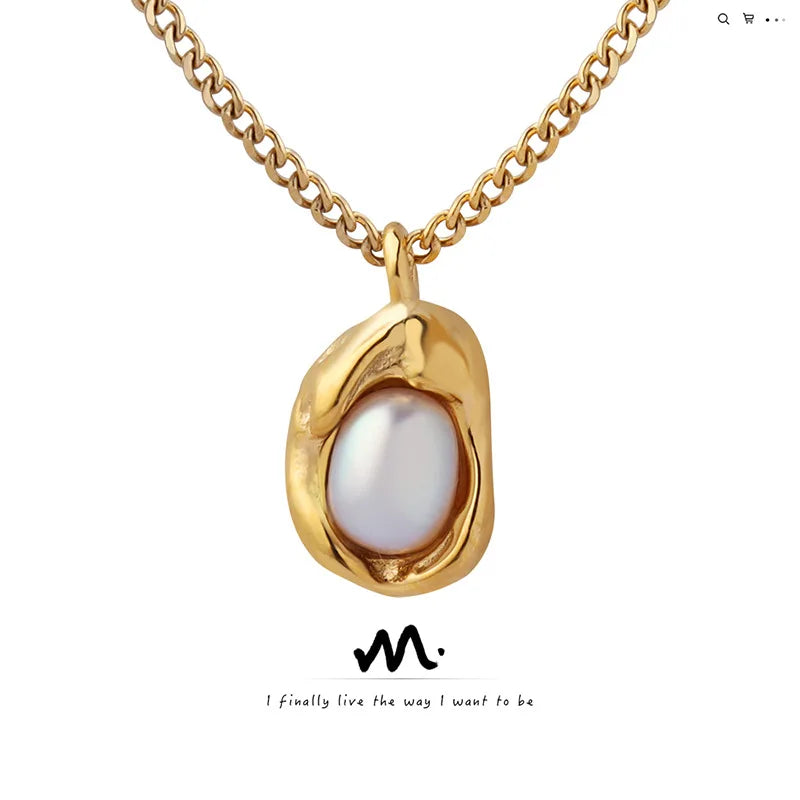 Luxury Pearl Pendant Necklace Stainless Steel Cuban Chain Women