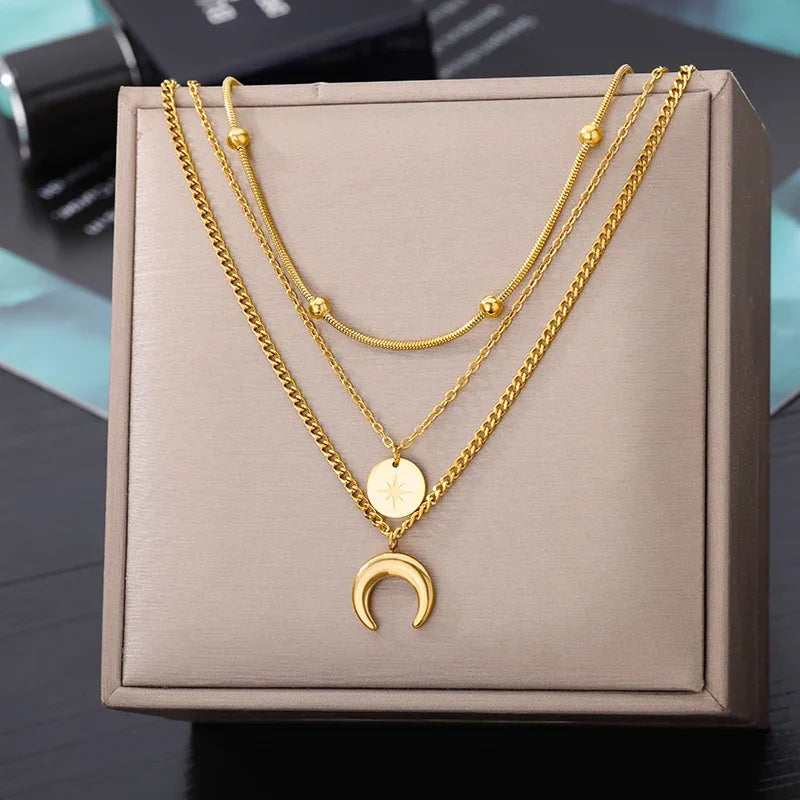 Stylish Layered Heart Necklace 316L Steel Goth Choker for Women