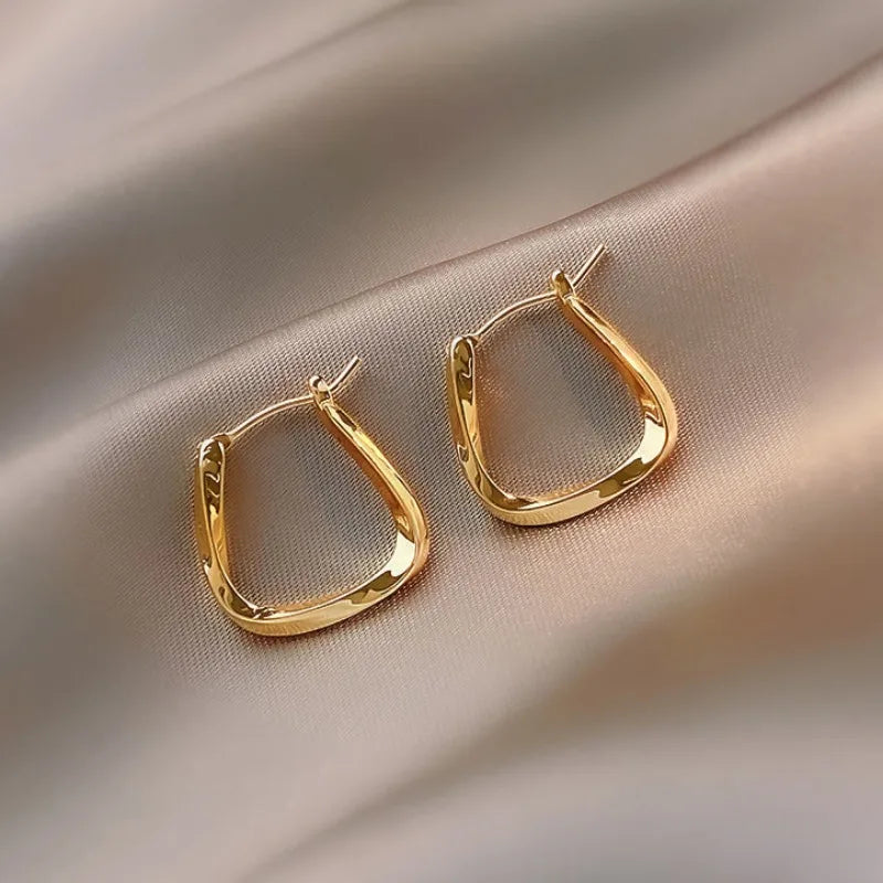 Gold Geometric U-Shaped Twisted Square Hoop Earrings for Women Trendy