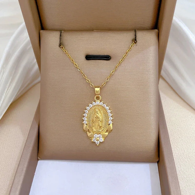 Religious Virgin Mary Flower Pendant Necklace Zircon Chain