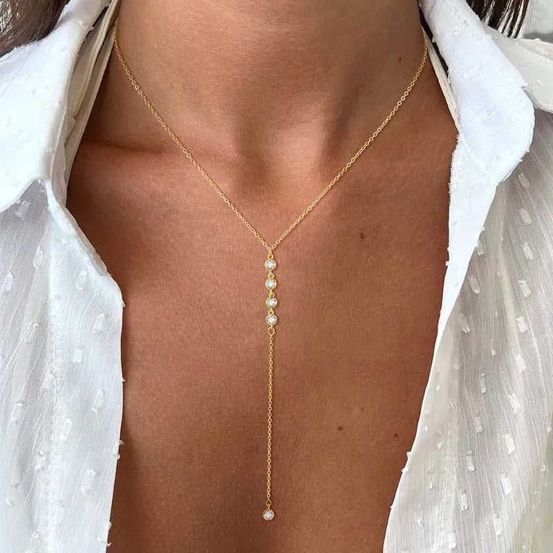 Y-Shaped Crystal Zircon Tassel Necklace Long Chain Choker Women
