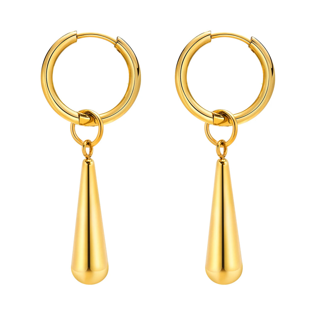 Water Drop Dangle Huggie Hoop Earrings Stainless Steel Women