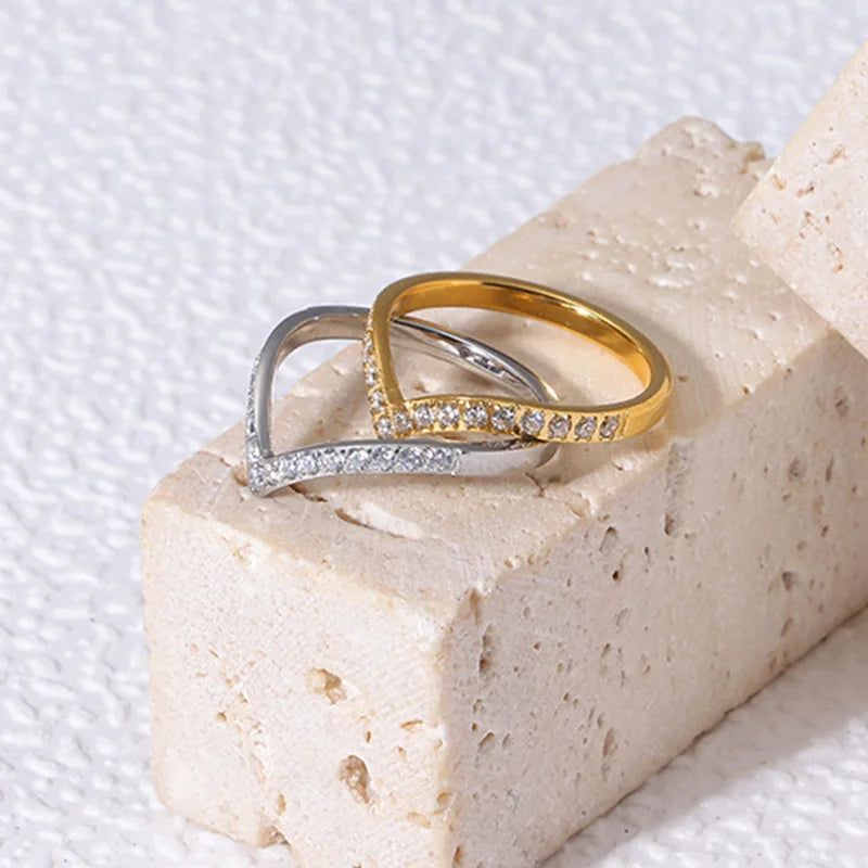 Minimalist V Shaped Ring 18K Gold Zircon Thin Band Women