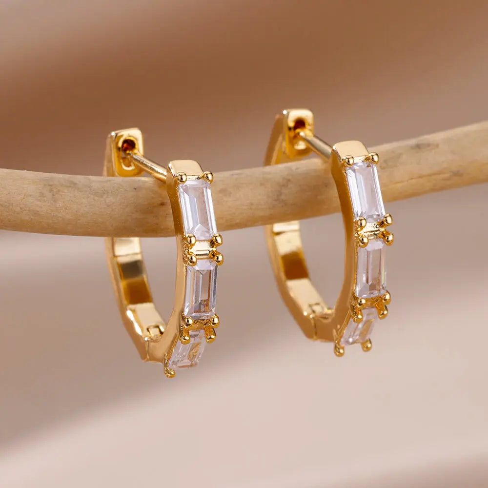 Elegant Zircon Hoop Earrings Circle Square Gold Tone Jewelry