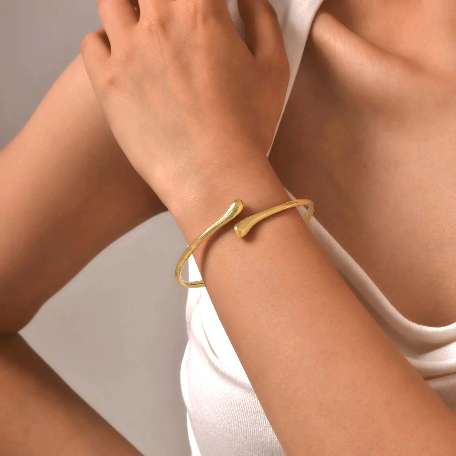 Minimalist Water Drop Open Bangle Bracelet Gold Stainless Steel Women