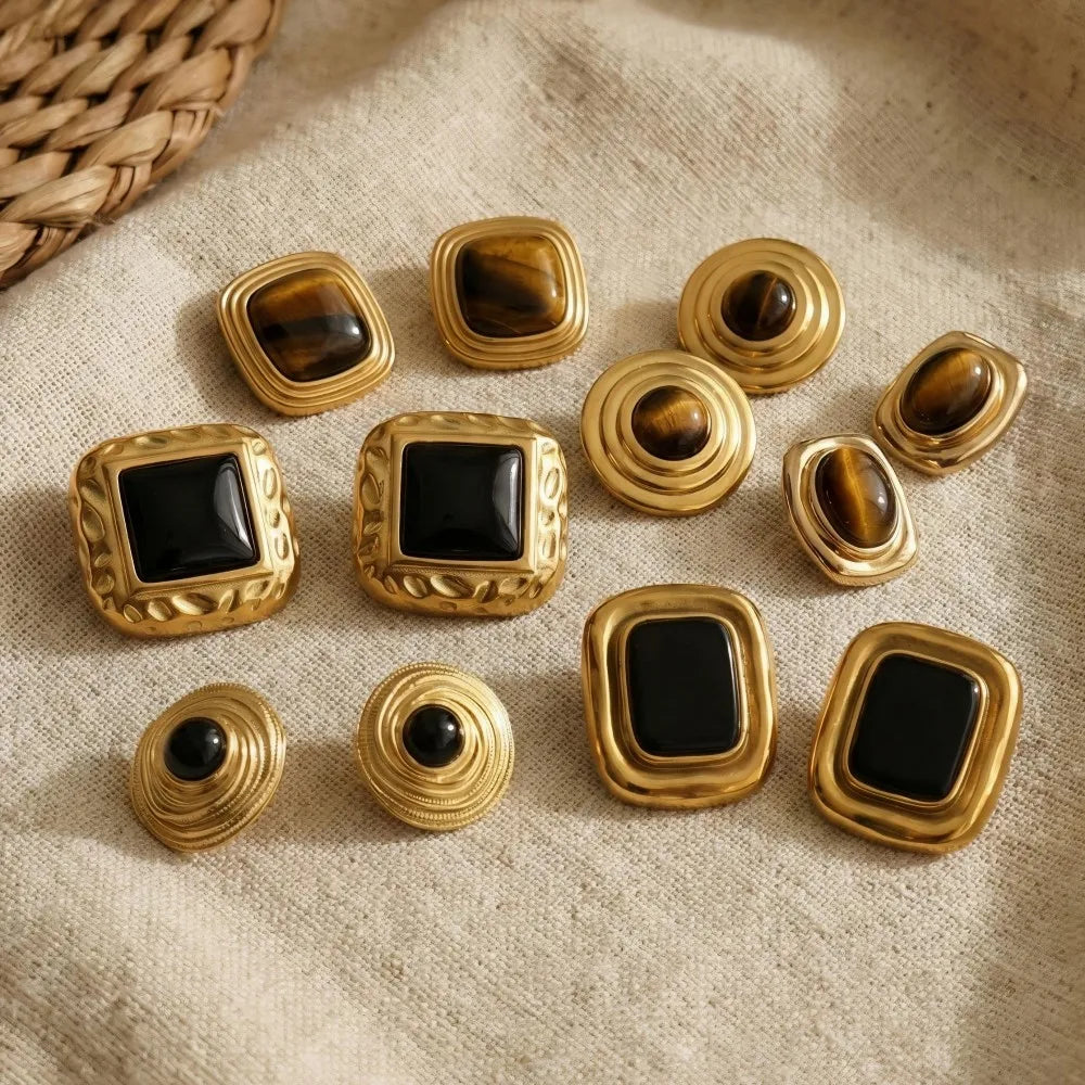 Black Stone Stud Earrings Chunky 18K Gold Women Jewelry