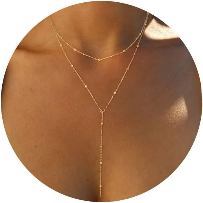 Elegant Y Shape Drop Necklace Gold Plated Layered Beaded Chain