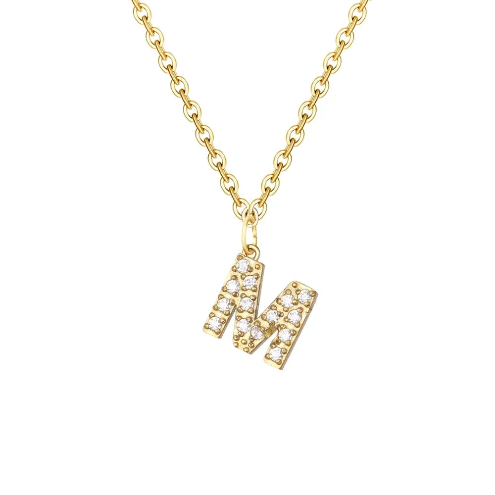 Gold Zircon Initial Necklace A-Z Stainless Steel Letter Pendant Women