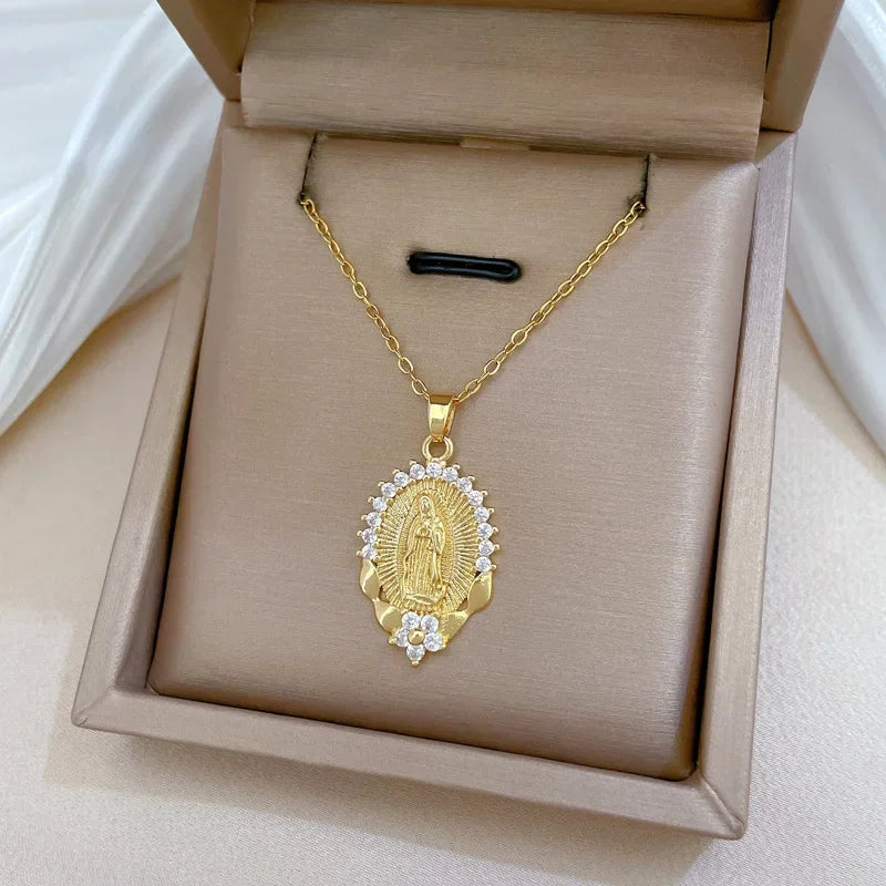 Religious Virgin Mary Flower Pendant Necklace Zircon Chain