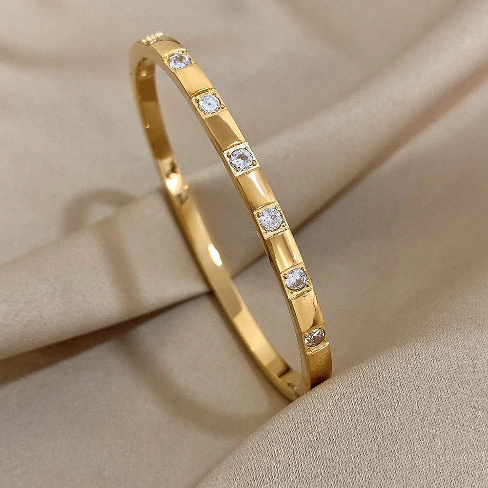 Gold Plated Rhinestone Square Bangle Stainless Steel Waterproof