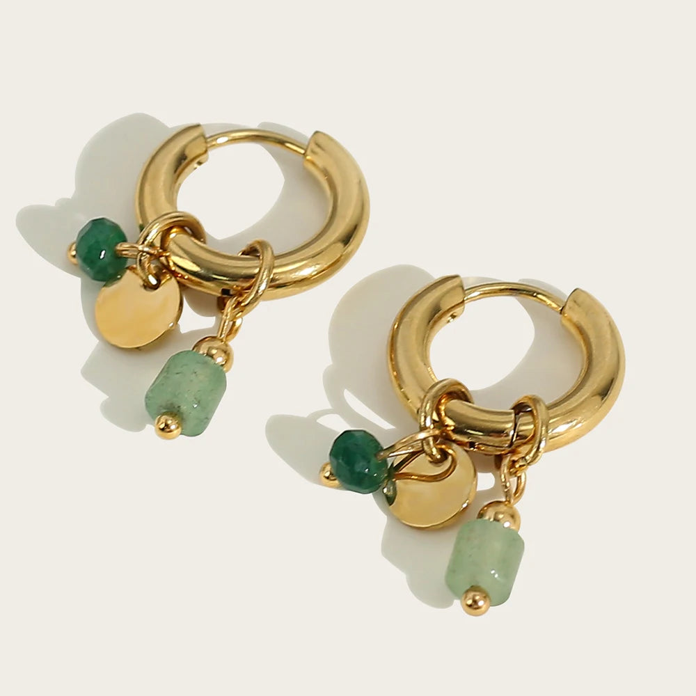 Vintage Green Stone Hoop Earrings 18K Gold Plated Women