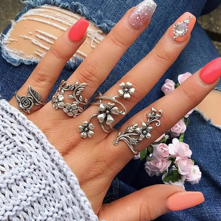Trendy 21Pcs Gold Ring Set Vintage Geometric Hollow Design Women