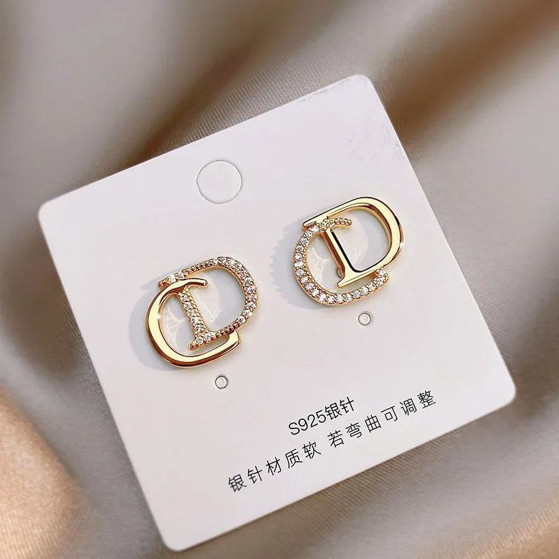 Trendy Double D Letter Earrings Rhinestone Gold Women Jewelry