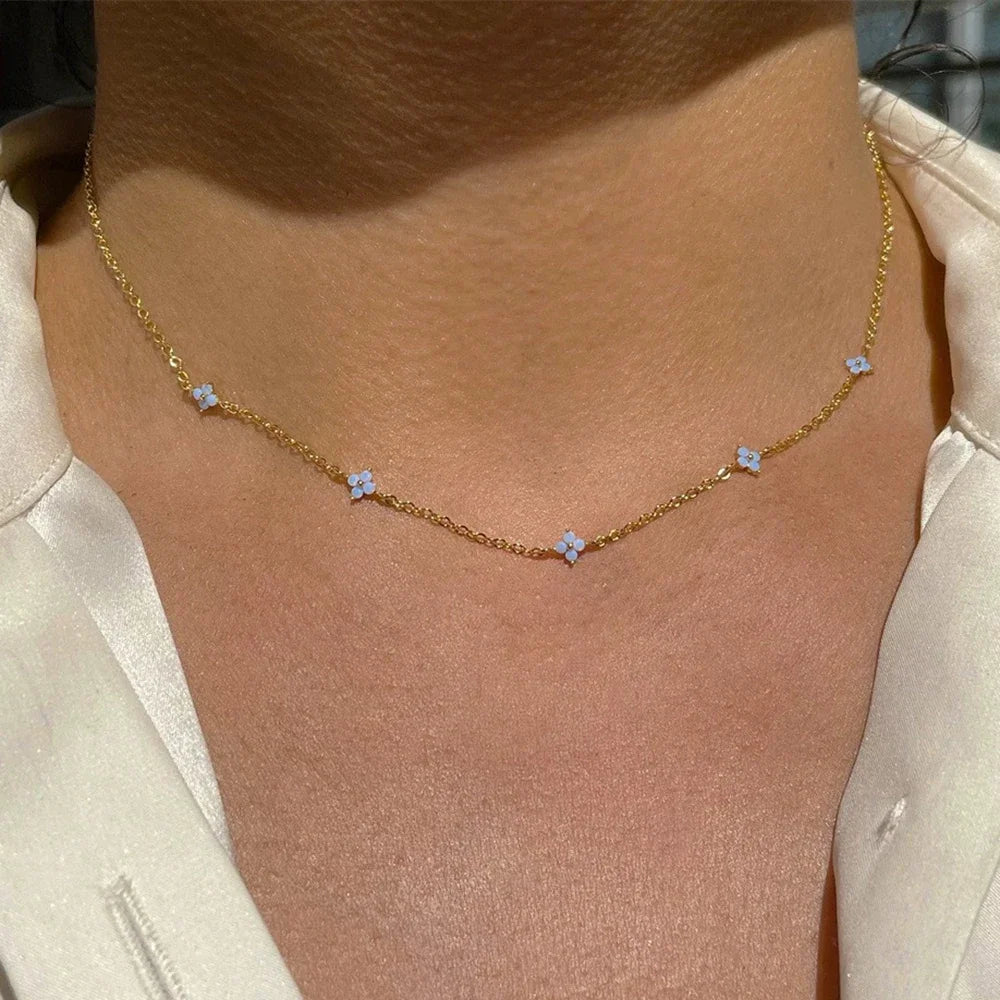 18K Gold Zircon Four Leaf Clover Necklace Stainless Steel Luxury
