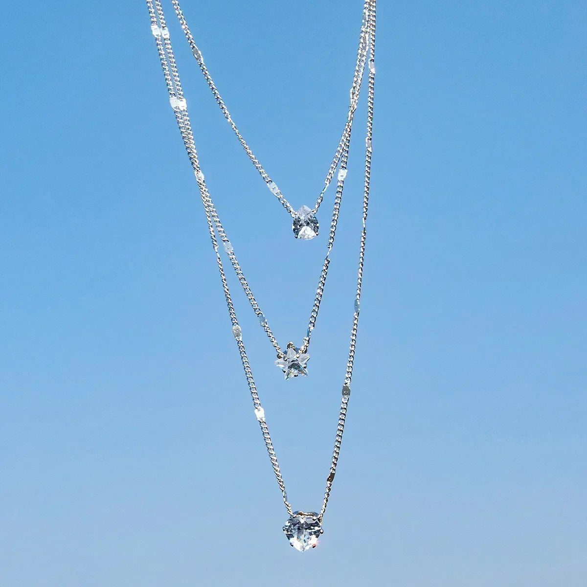 Silver Double Layer Star Moon Necklace Zircon Choker for Women