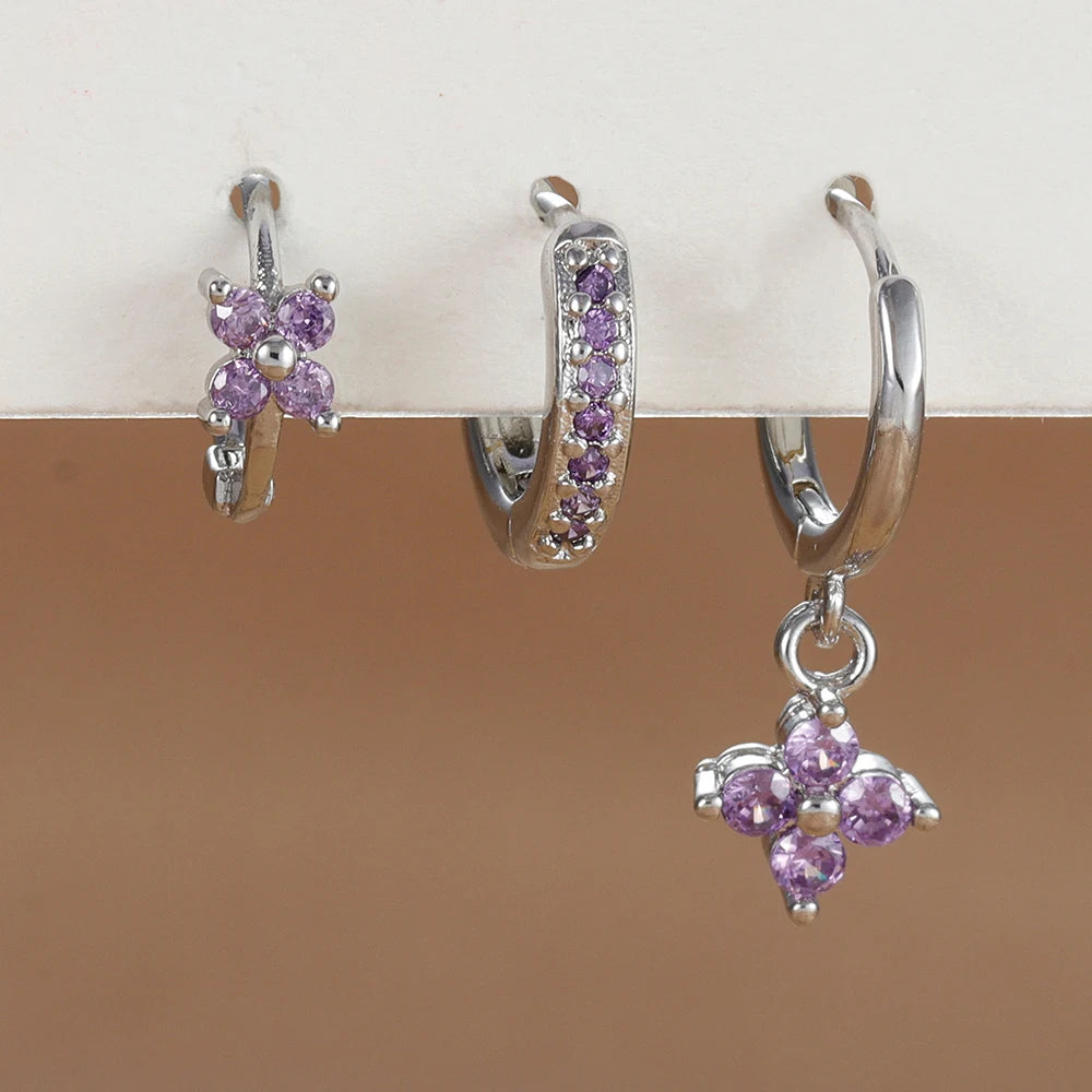 3PCS Flower Drop Earrings Set Zircon Stainless Steel Women