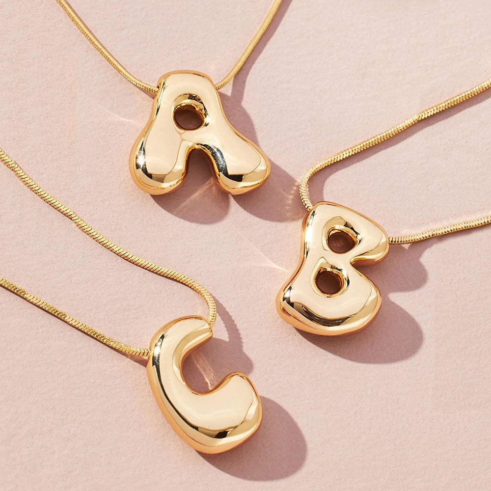Trendy Bubble Letter Necklace Gold Initial Pendant Women