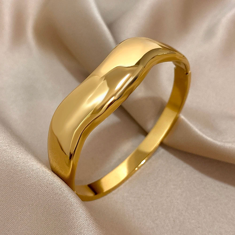 Chunky Gold Geometric Wave Cuff Bracelet Stainless Steel Waterproof