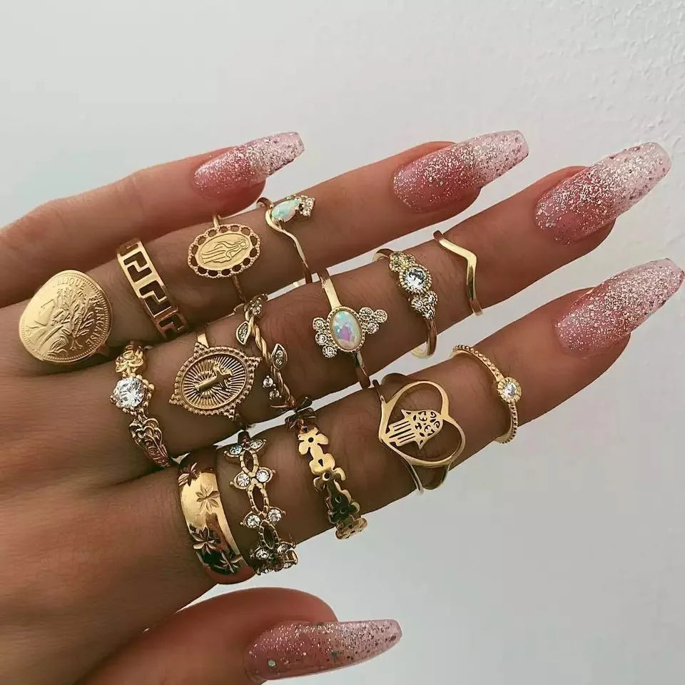 Trendy 21Pcs Gold Ring Set Vintage Geometric Hollow Design Women