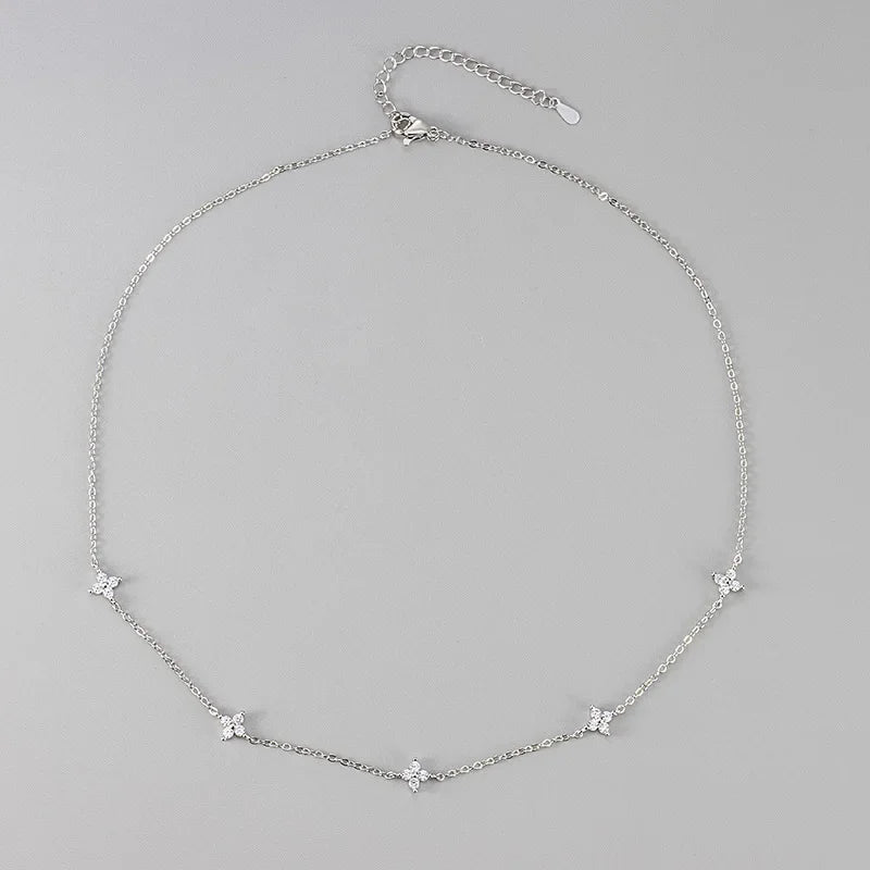 18K Gold Zircon Four Leaf Clover Necklace Stainless Steel Luxury