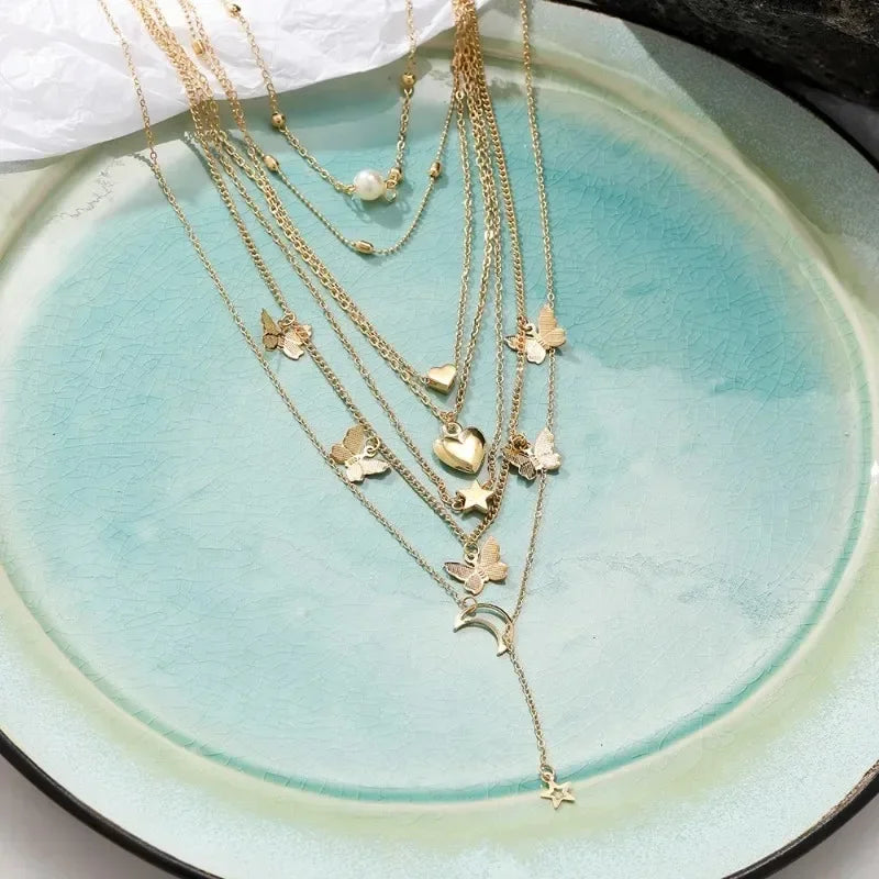 Elegant 6 Piece Necklace Set Butterfly Star Moon Trend Jewelry