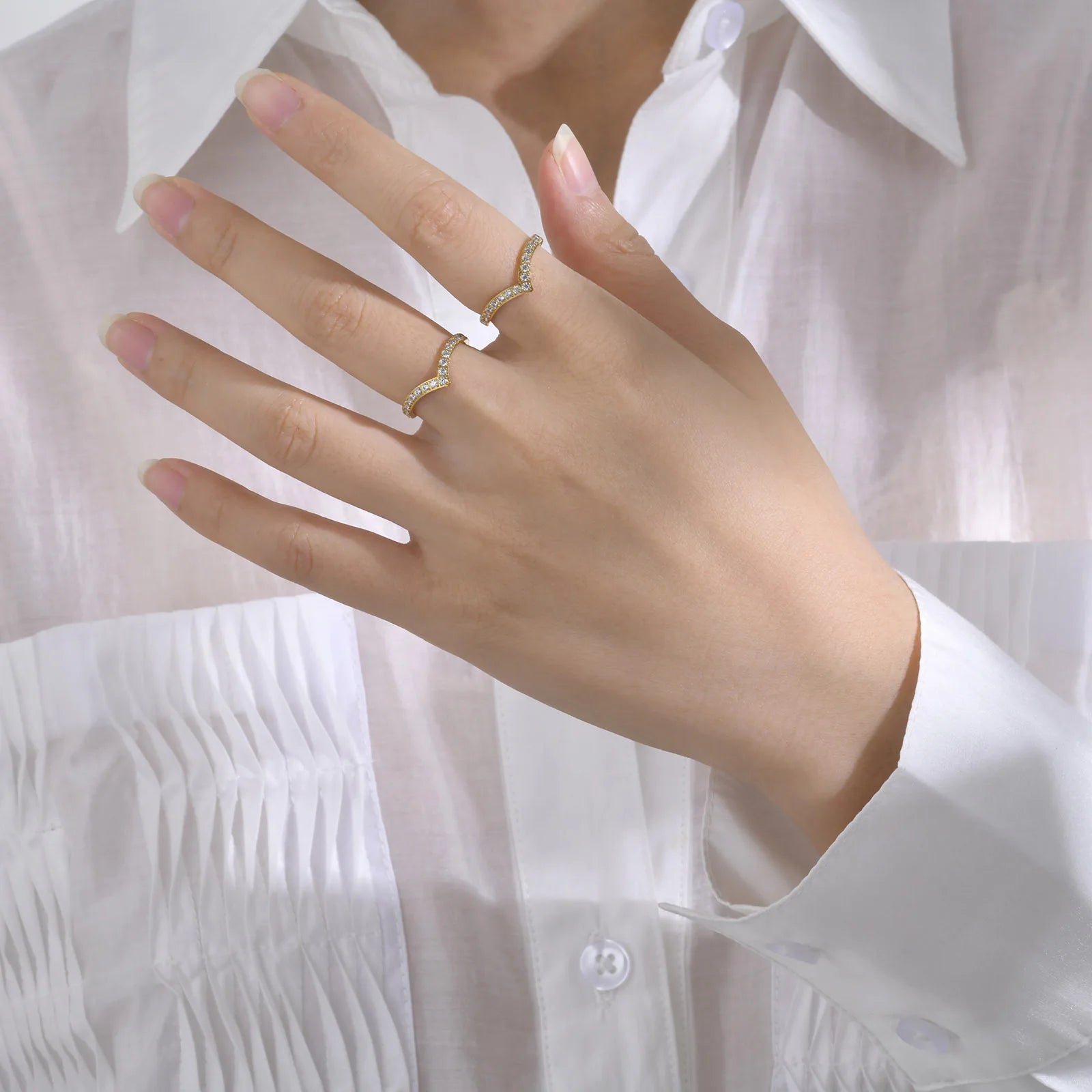 Minimalist V Shaped Ring 18K Gold Zircon Thin Band Women