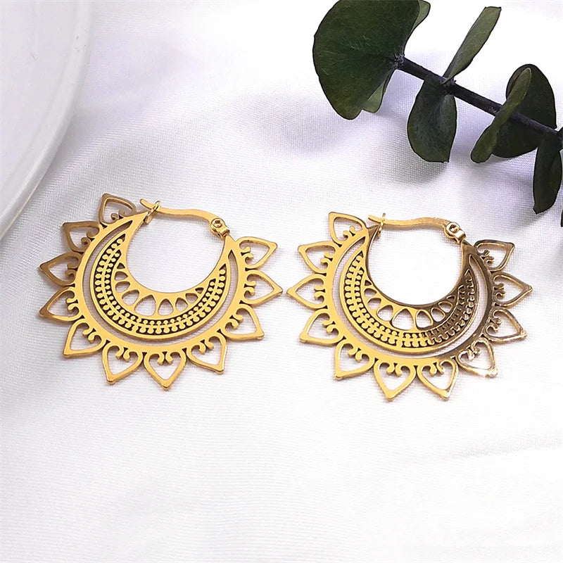 Indian Mandala Lotus Hoop Earrings Gold Stainless Steel Women