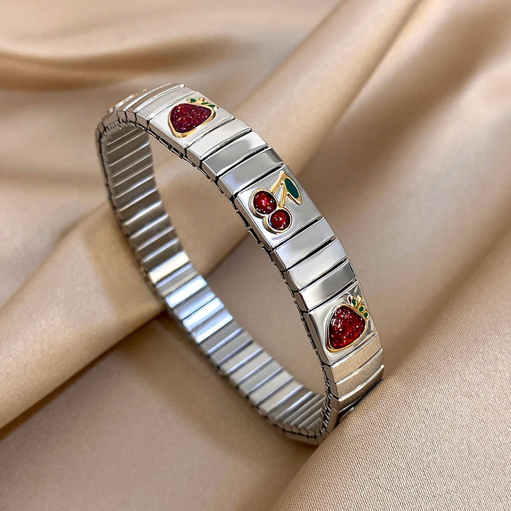Gold Stainless Steel Strawberry Cherry Elastic Bangle Bracelet Trendy