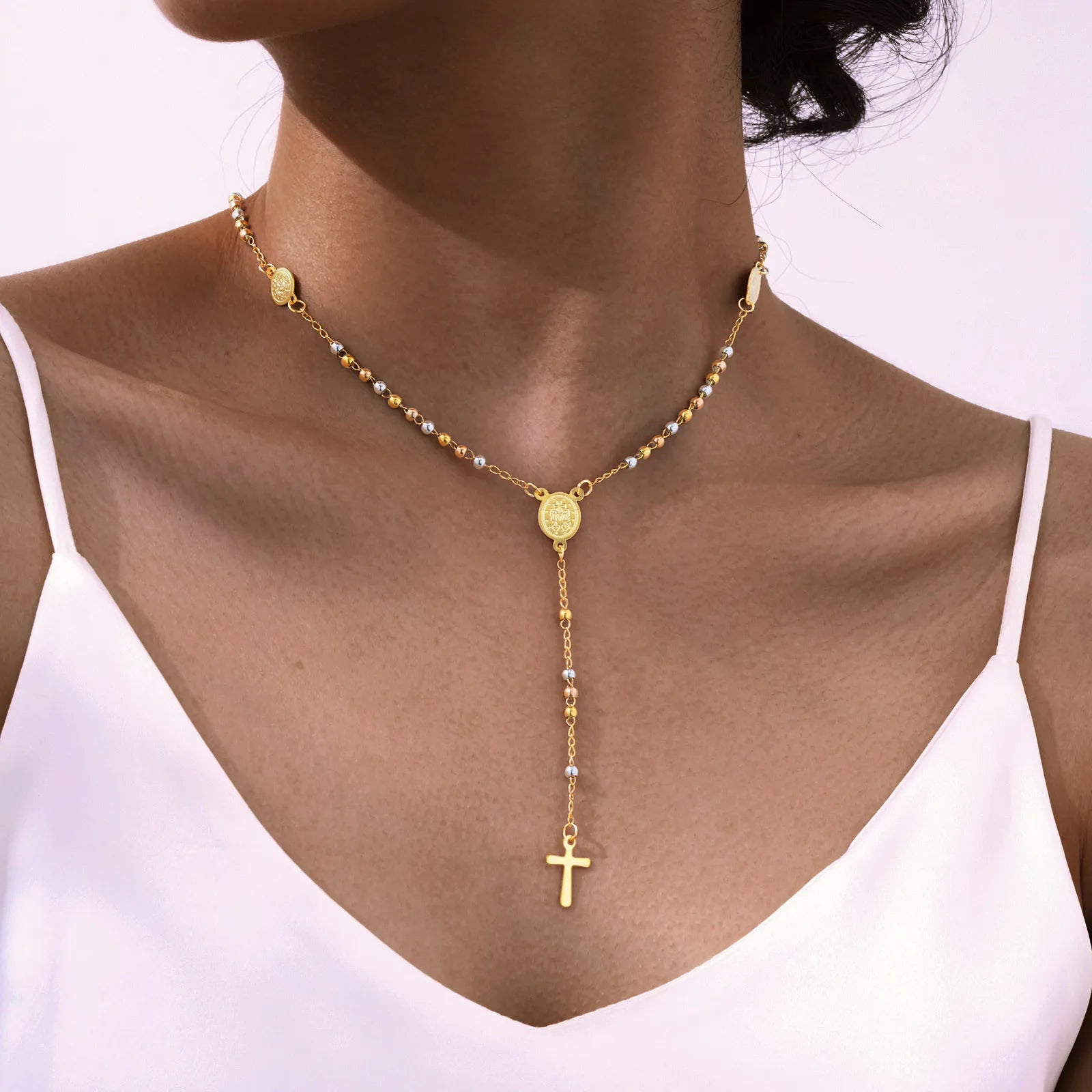 Beaded Rosary Necklace with Cross and Saint Benedict Pendant for Protection