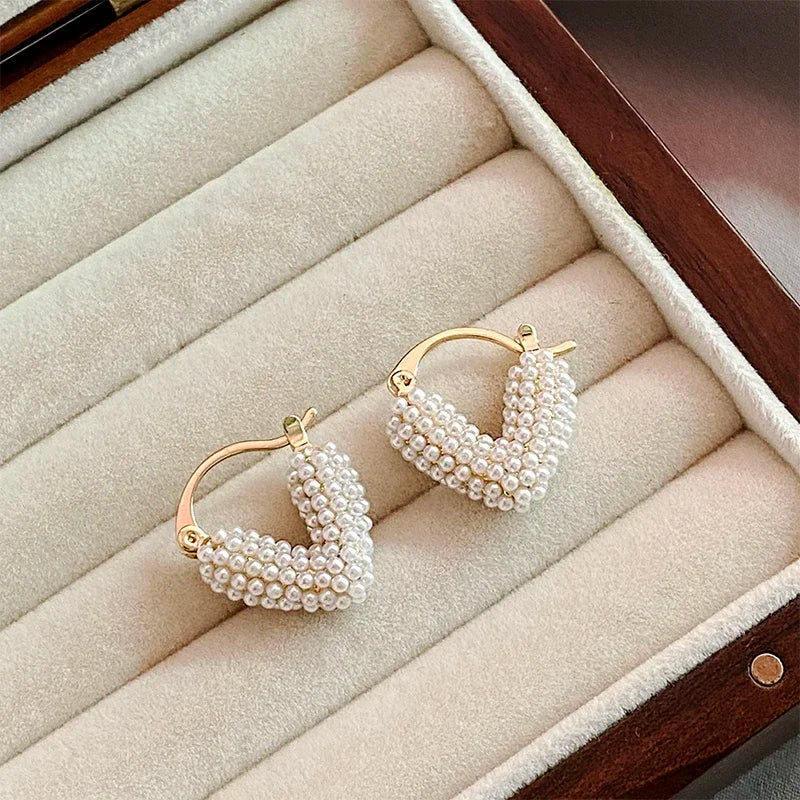 Unique Pearl Heart Hoop Earrings Simple Elegant Style for Women