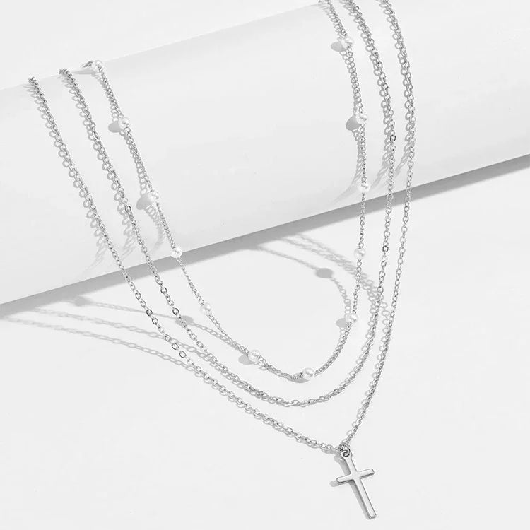 Elegant Layered Necklace Pearl Cross Heart Gold Chain Women