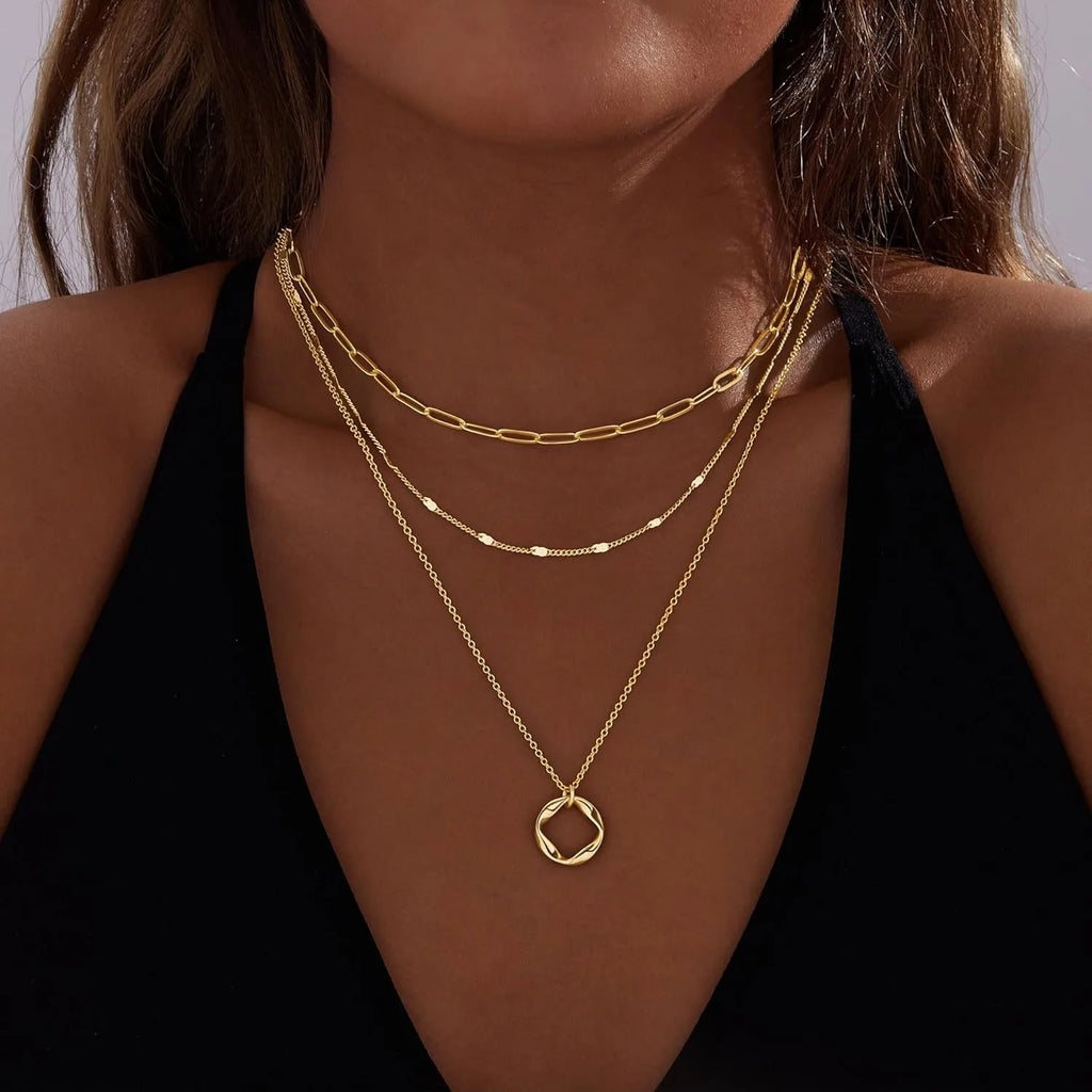 Elegant Layered Necklace Set Gold Silver Circle Pendant Women