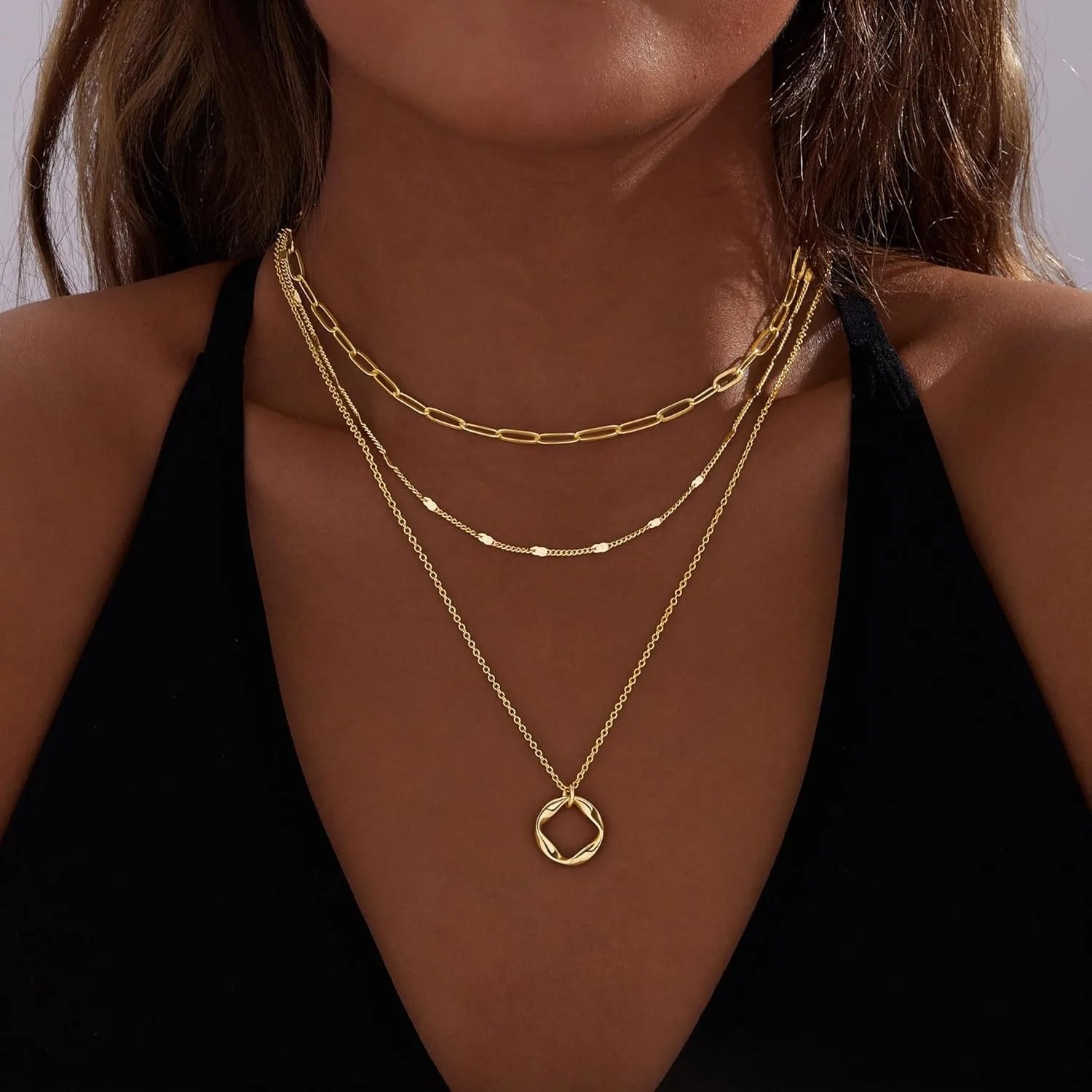 Elegant Layered Necklace Set Gold Silver Circle Pendant Women
