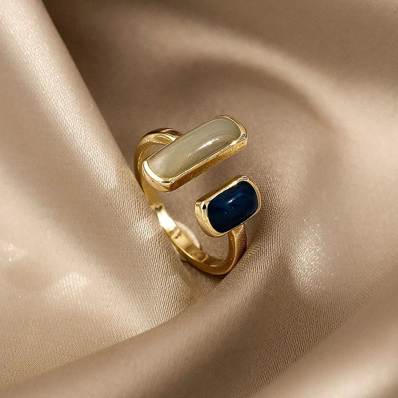 Adjustable Colorful Drip Glaze Ring Retro Geometric Gold Women