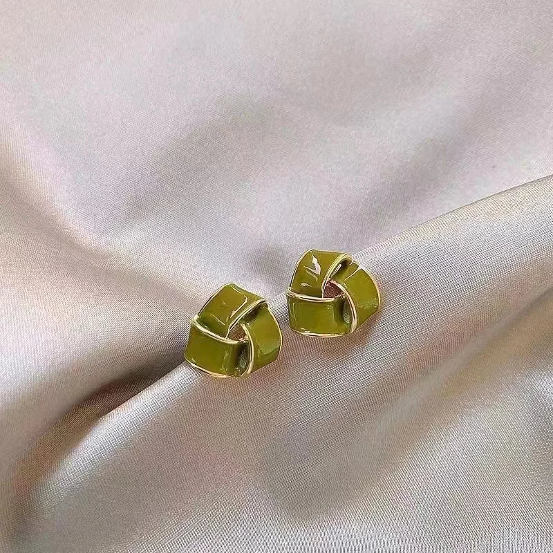 Korean Glazed Green Enamel Geometric Stud Earrings Vintage Style