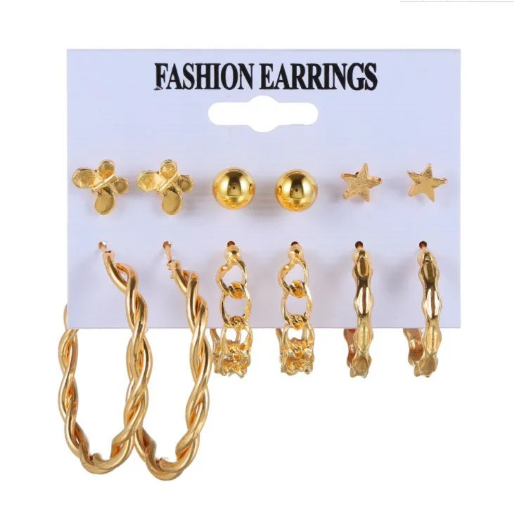 Stylish Boho Earring Set Big Hoops Pearl Square Heart Zircon Design
