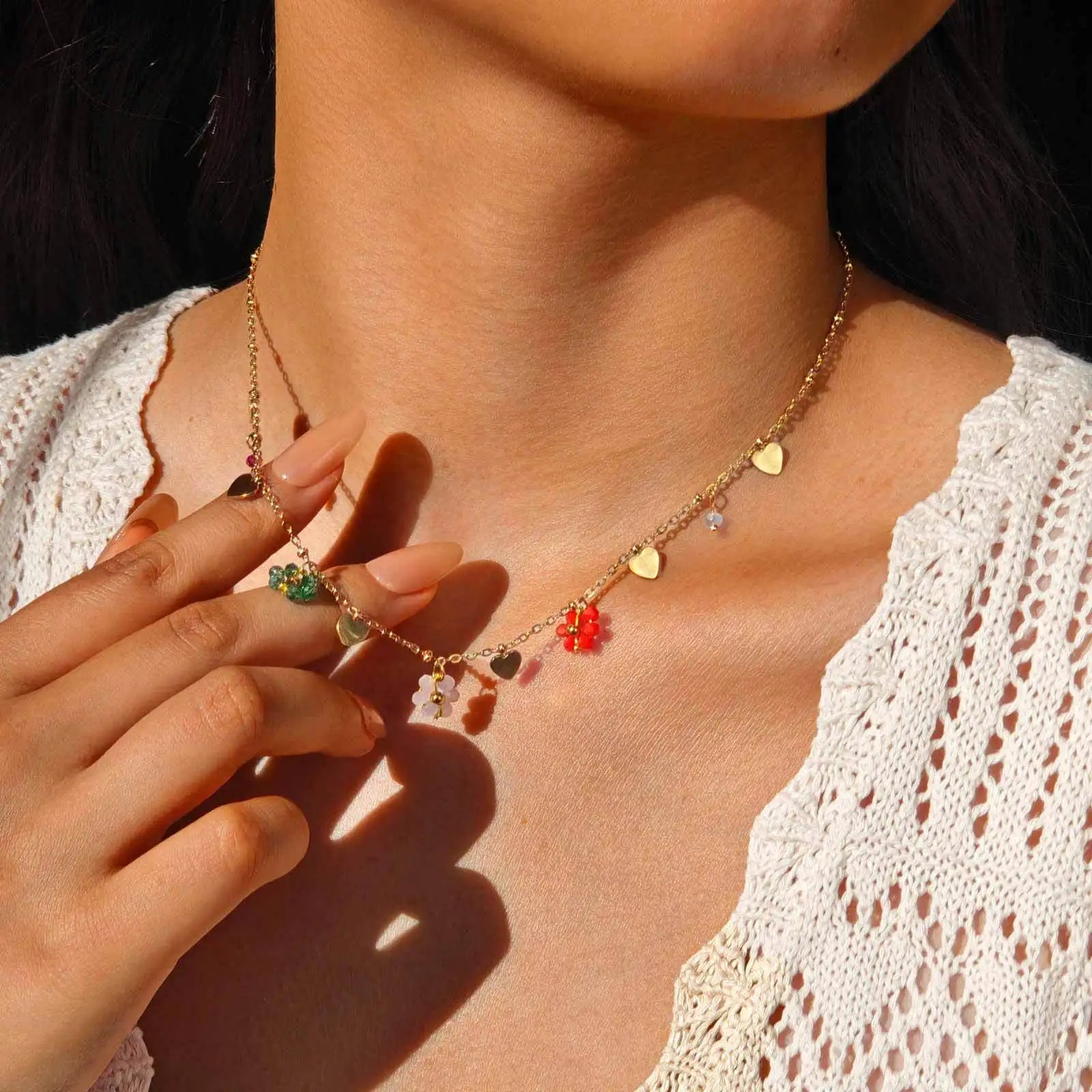 Colored Crystal Flower Necklace Stainless Steel Love Chain Waterproof