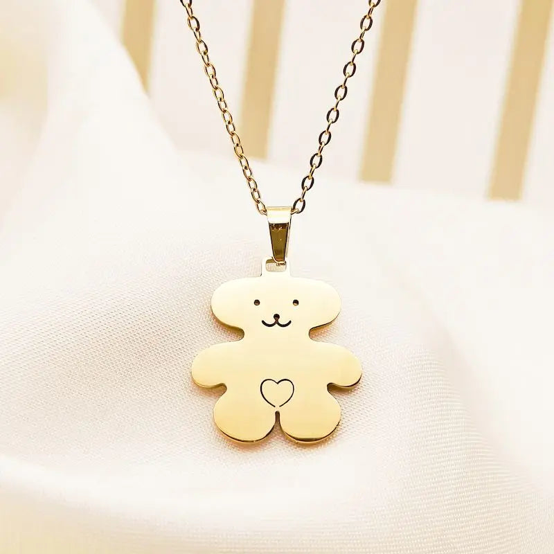 Bear Pendant Necklace Gold Plated Stainless Steel Cute Style