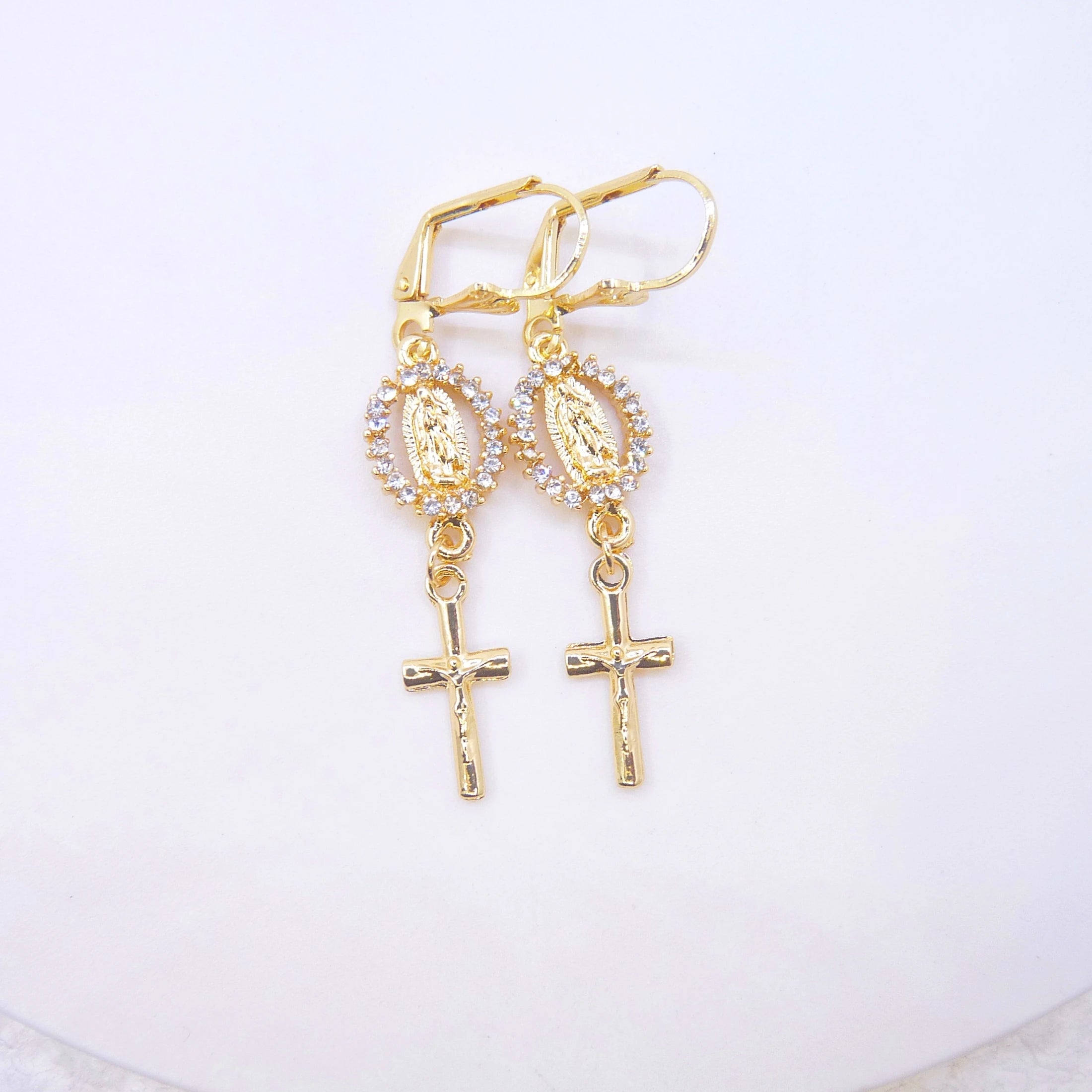Virgin Mary Cross Rhinestone Earrings Elegant Religious Women