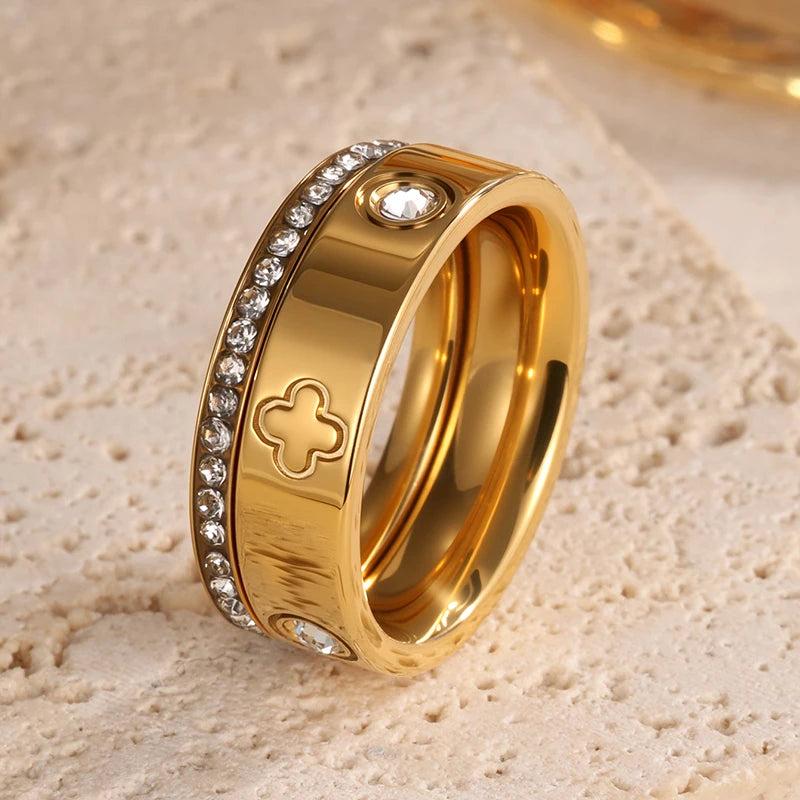 2PCS Clover Rings Set Zircon Stainless Steel Shiny Women