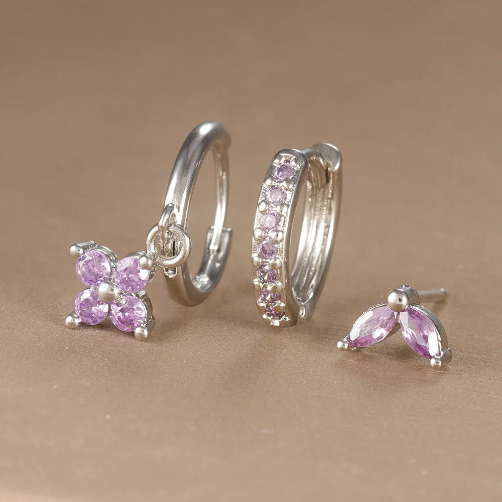 3PCS Flower Drop Earrings Set Zircon Stainless Steel Women