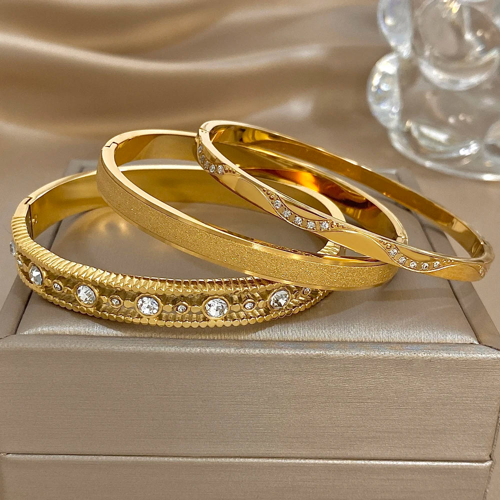 Gold Zircon Geometric Cuff Bracelet Stainless Steel Waterproof Unisex