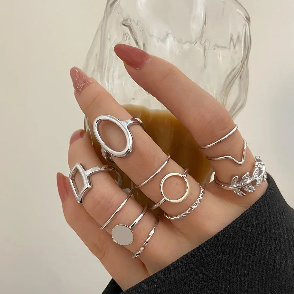 Creative Geometric Leaf Wave Ring Set 11pcs Fashion Knuckle Jewelry