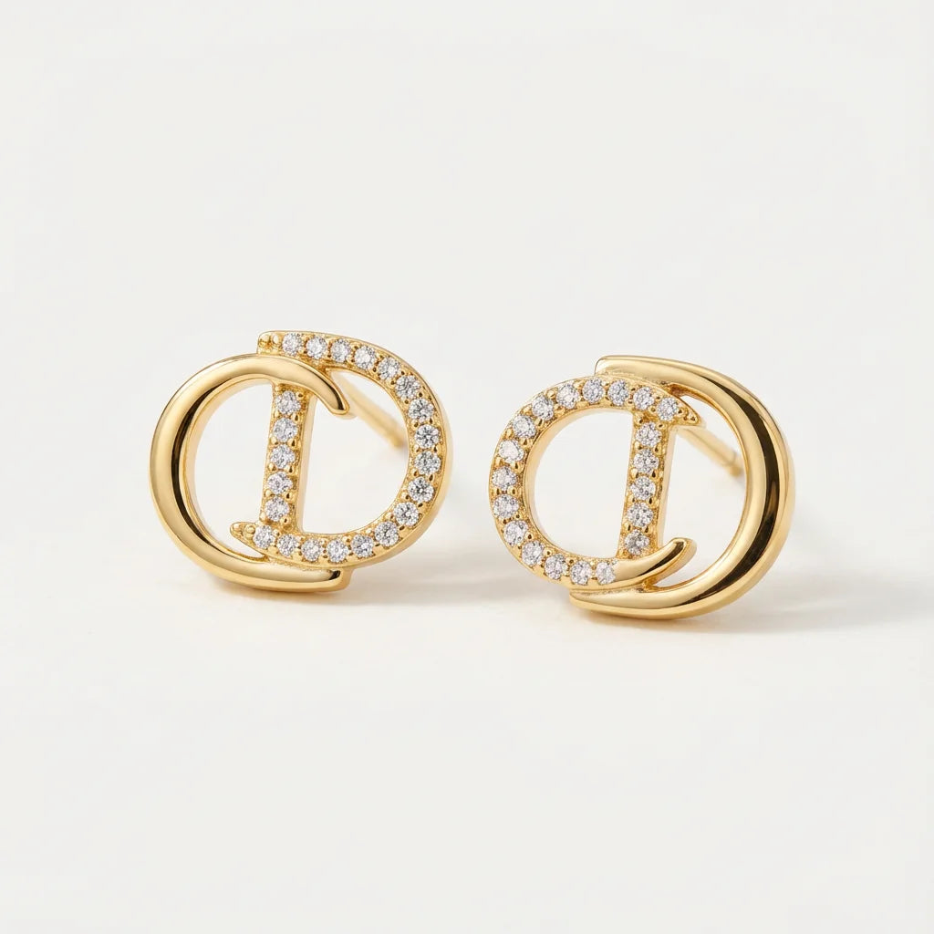 Trendy Double D Letter Earrings Rhinestone Gold Women Jewelry