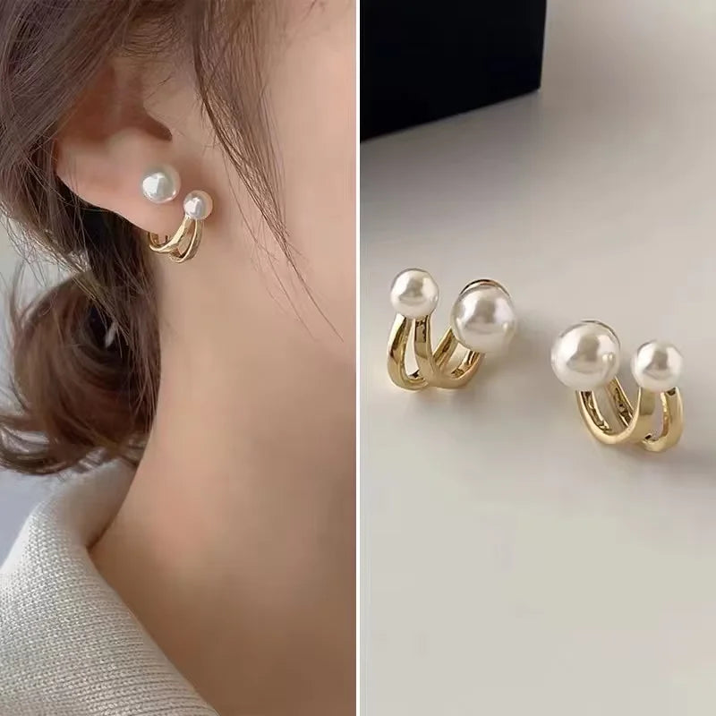 Korean Irregular Pearl Stud Earrings Gold Metal Trendy Unique Design