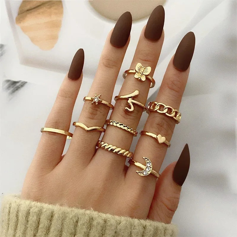 Creative Geometric Leaf Wave Ring Set 11pcs Fashion Knuckle Jewelry