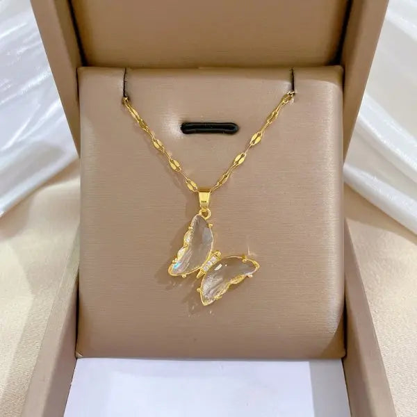 Zircon Butterfly Tassel Necklace Moon Flower Stainless Steel Women