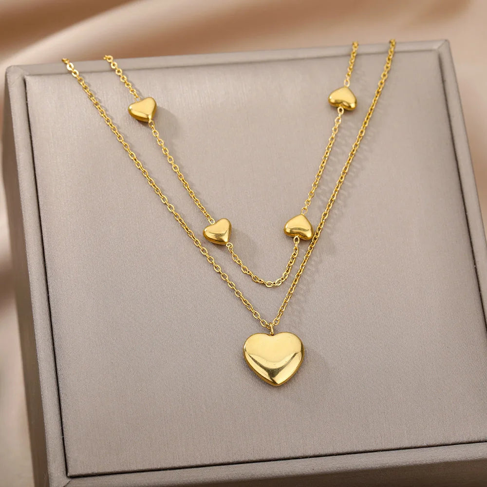 Stylish Layered Heart Necklace 316L Steel Goth Choker for Women